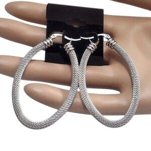 2 1/8" Long Oval Mesh Hoop Pierced Post Earrings Silver Tone 56mm Stainless Stee